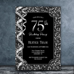 Black White Sequins 75th Birthday Party Invitation
