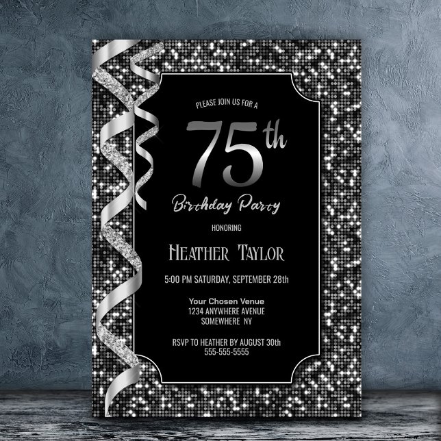 Black White Sequins 75th Birthday Party Invitation (Creator Uploaded)