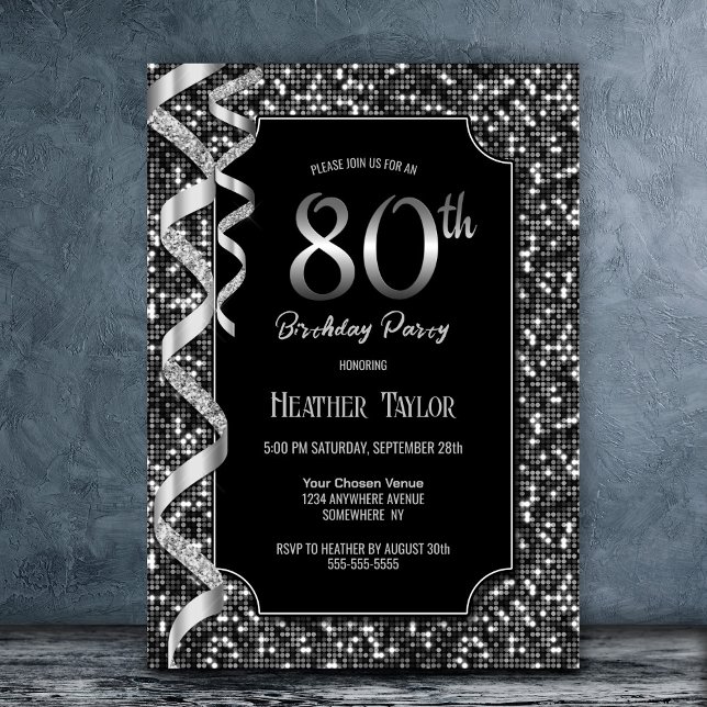 Black White Sequins 80th Birthday Party Invitation (Creator Uploaded)