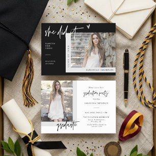 Black & White She Did It Grad Photo Invite