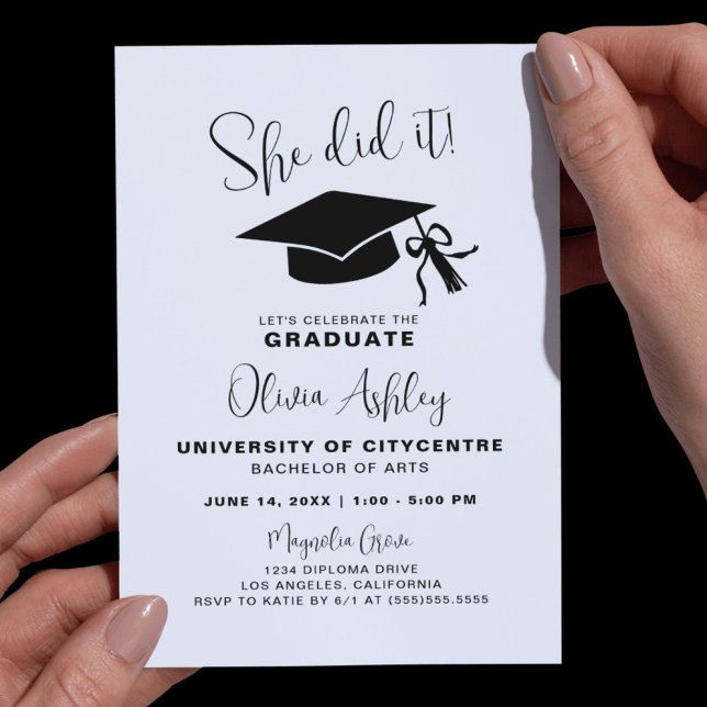 Black White She Did It Graduation Invitation (Creator Uploaded)