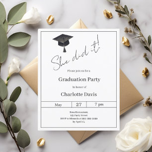 Black white She did it Graduation Party invitation