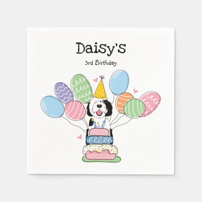 Black & White Sheepadoodle Birthday Party Paper Napkin (Front)