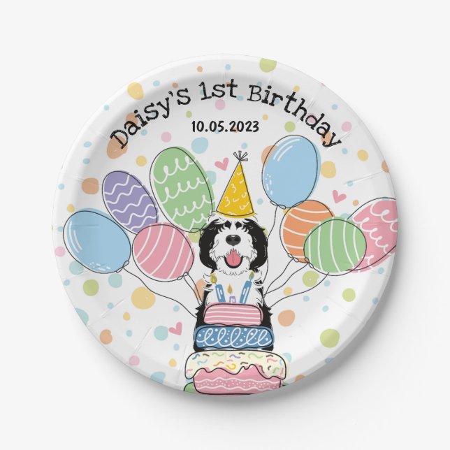 Black & White Sheepadoodle Dog Birthday  Paper Plate (Front)