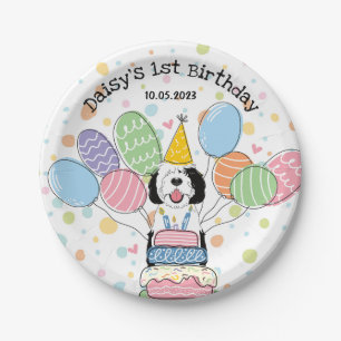 Black & White Sheepadoodle Dog Birthday  Paper Plate