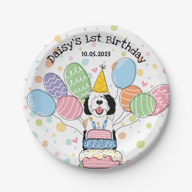 Black & White Sheepadoodle Dog Birthday  Paper Plate (Front)