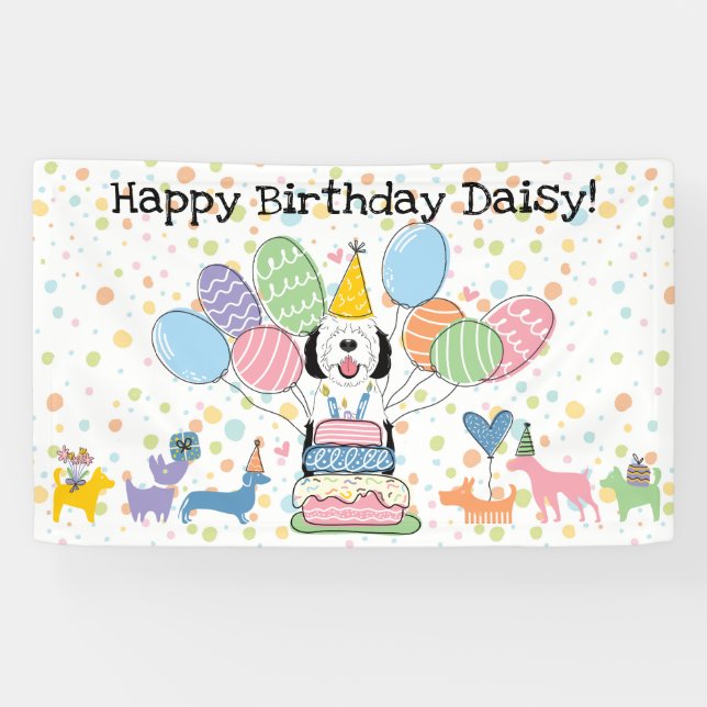 Black & White Sheepadoodle Dog  Birthday Party Banner (Horizontal)