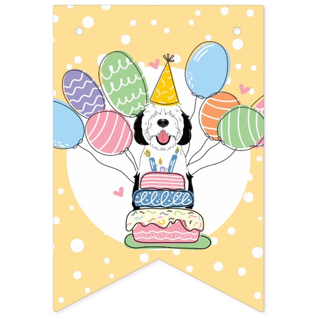 Black & White Sheepadoodle Dog Birthday Party Bunting (Seventh Flag)