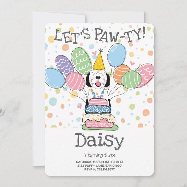 Black & White Sheepadoodle Dog Birthday Party  Invitation (Front)