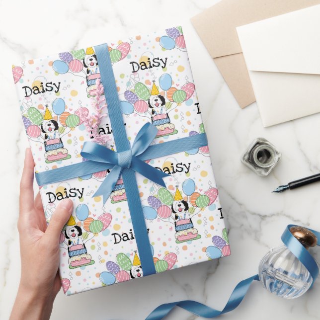 Black & White Sheepadoodle  Dog Birthday Wrapping Paper (Gifting)