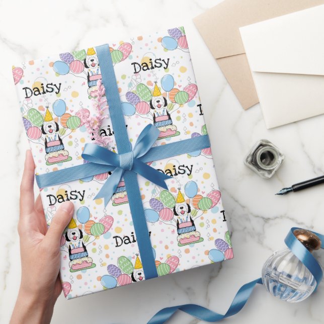 Black & White Sheepadoodle  Dog Birthday Wrapping Paper (Gifting)