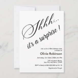 Black & White Shhh It's a Surprise 50th Birthday Invitation