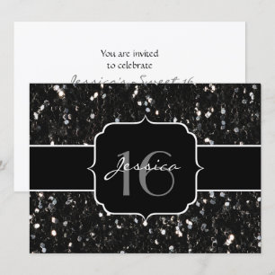 Black white shiny glitter sparkles Sweet 16 invite