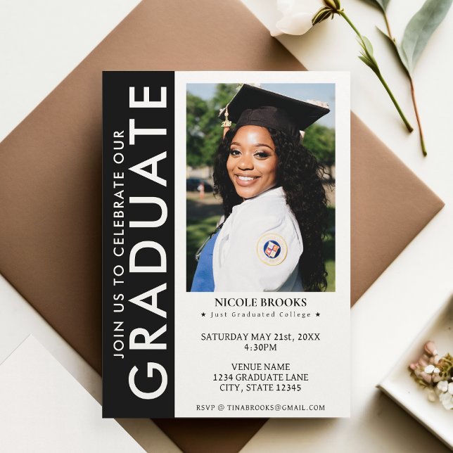 Black & White Side Stripe Photo Graduation Invitation (Black & White Side Stripe Photo Graduation Invitation)