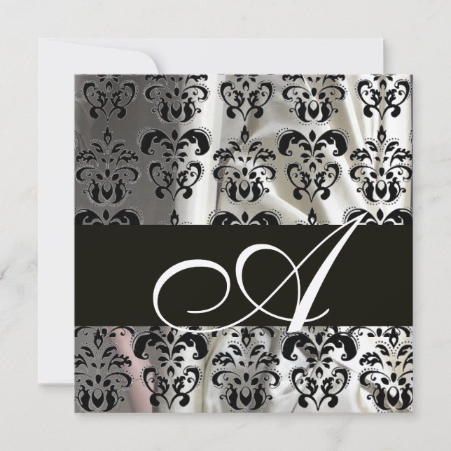 BLACK & WHITE SILK DAMASK CLOTH MONOGRAM Champagne Invitation (Front)