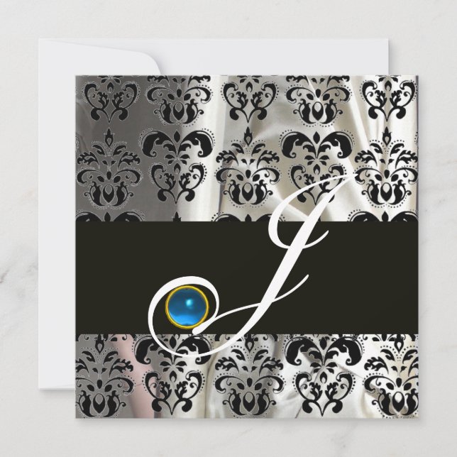 BLACK WHITE SILK DAMASK MONOGRAM BLUE SAPPHIRE INVITATION (Front)