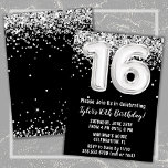 Black White Silver 16th Birthday Party Invitation<br><div class="desc">Black white and silver 16th birthday party invitation 16 birthday party invitation for a boy or girl with modern script writing and fun foil balloons.</div>