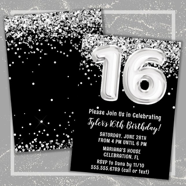 Black White Silver 16th Birthday Party Invitation (Black and White 16th Birthday Party Invitation)