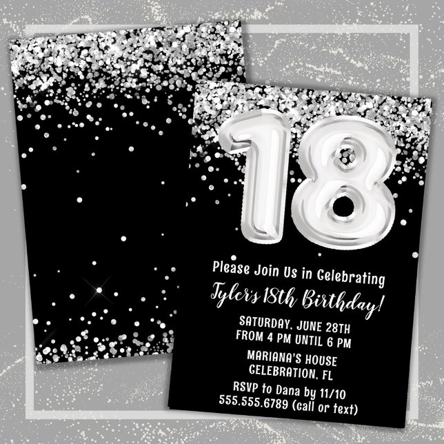 Black White Silver 18th Birthday Party Invitation (Black and White 18th Birthday Party Invitation)