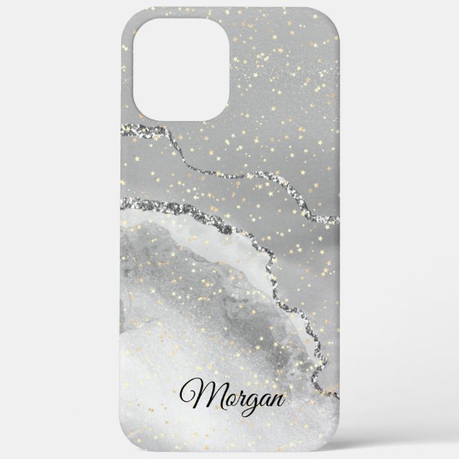 Black & White Silver Agate & Gold Stars DIY Name Case-Mate iPhone Case (Back)