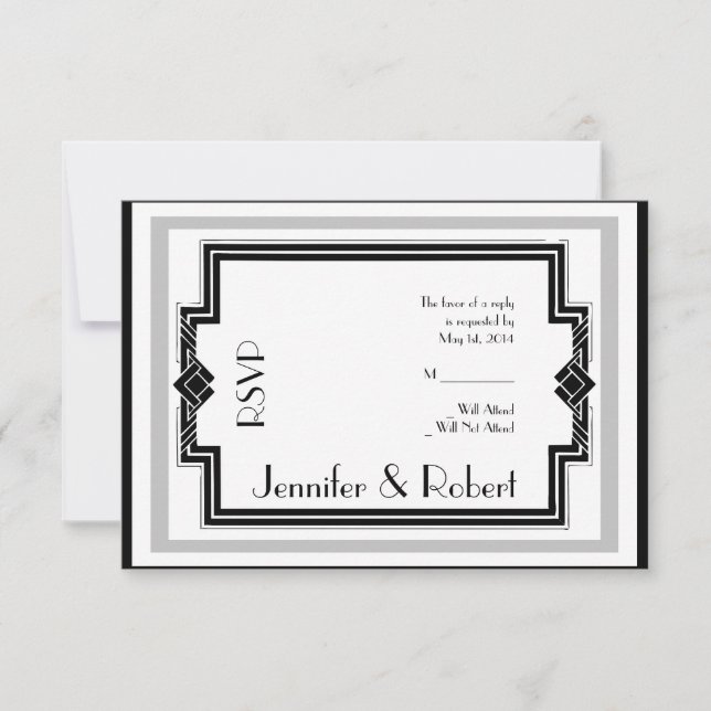 Black White Silver Art Deco Frame Response Card (Front)