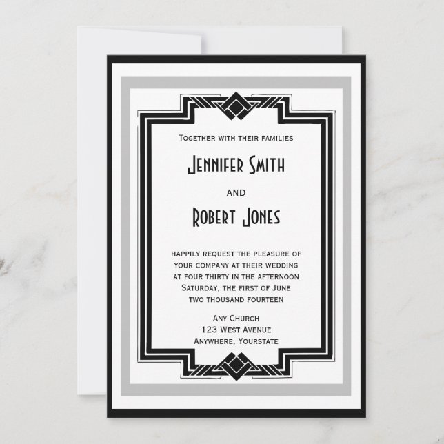 Black White Silver Art Deco Frame Wedding Invitation (Front)