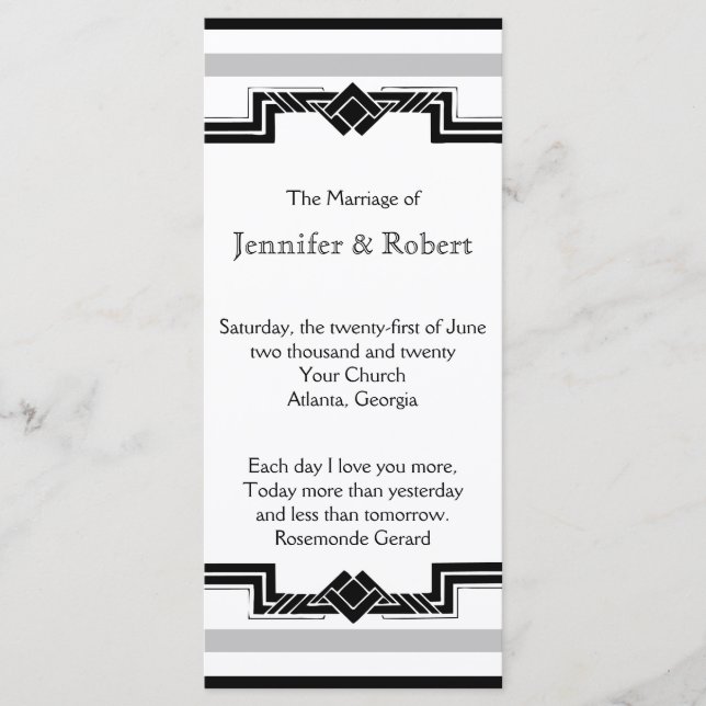 Black White Silver Art Deco Frame Wedding Program Programme (Front)