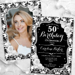 Black White Silver Damask Photo 50th Birthday Invitation<br><div class="desc">Elegant floral feminine 50th birthday invitation with your photo at the back of the card. Glam black white design with faux glitter silver. Features black and white damask pattern, roses, script font and confetti. Perfect for a stylish adult bday celebration party. Personalise with your own details. Can be customised for...</div>