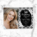 Black White Silver Damask Photo 50th Birthday Invitation<br><div class="desc">Elegant floral feminine 50th birthday invitation with your photo. Glam black white design with faux glitter silver. Features black and white damask pattern, roses, script font and confetti. Perfect for a stylish adult bday celebration party. Personalise with your own details. Can be customised for any age! Printed Zazzle invitations or...</div>