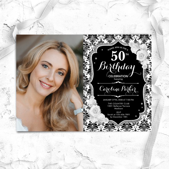 Black White Silver Damask Photo 50th Birthday Invitation (Creator Uploaded)