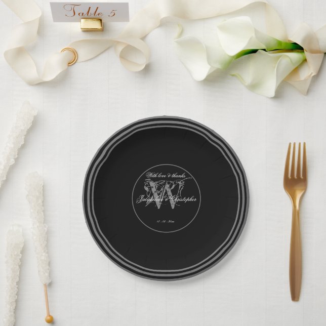 Black White Silver Elegant Wedding Chic Monogram Paper Plate (Wedding)