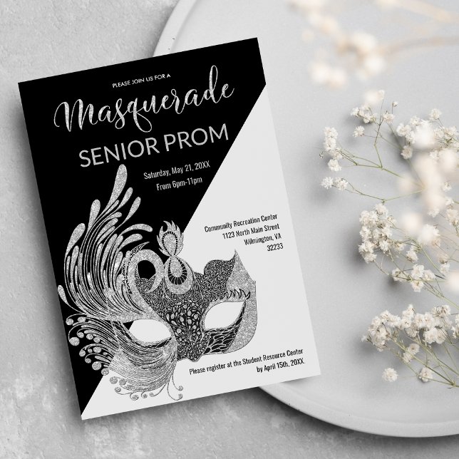 Black White Silver Glitter Masquerade Prom Invitation (Black White Silver Glitter Masquerade Prom)