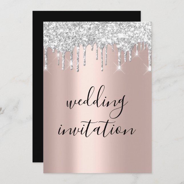 Black White Silver Grey Drips Rose Gold Wedding Invitation (Front/Back)