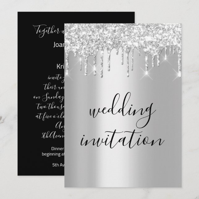 Black White Silver Grey Drips Sparkly Wedding Invitation (Front/Back)