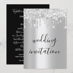 Black White Silver Grey Drips Sparkly Wedding Invitation
