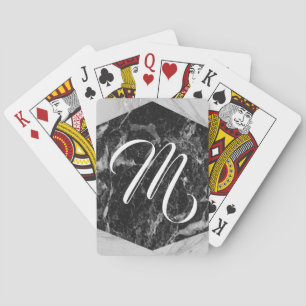 Black White & Silver Marble Modern Glam Monogram Playing Cards