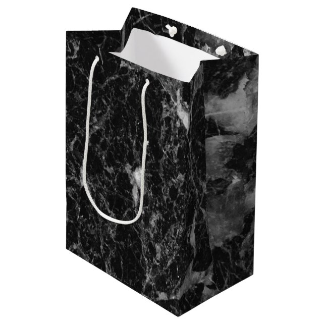 Black White & Silver Marble Modern Glam Party Medium Gift Bag (Front Angled)