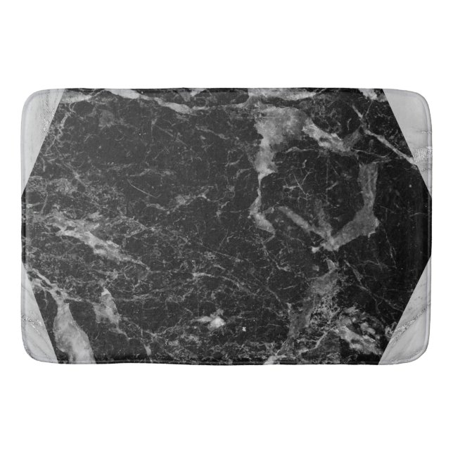 Black White & Silver Marble Modern Glam Trendy Bath Mat (Front)
