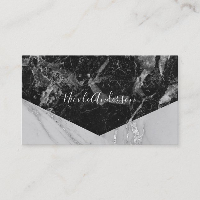 Black White & Silver Marble Modern Glam Trendy Business Card (Front)