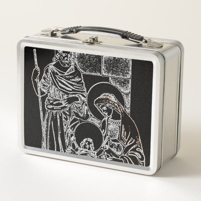 black white silver nativity metal lunch box (Front)