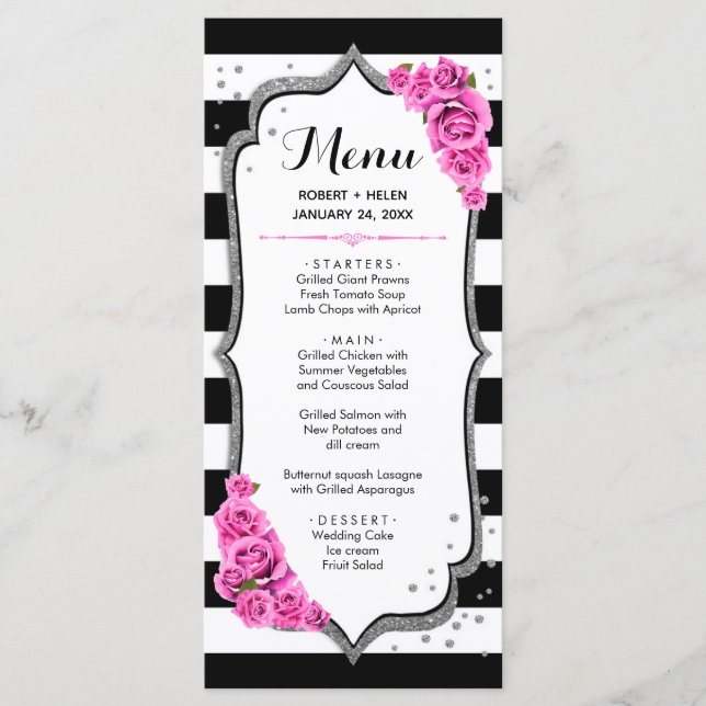 Black White Silver Pink Menu Card (Front)