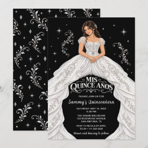 Black White Silver Princess Quinceañera Invitation