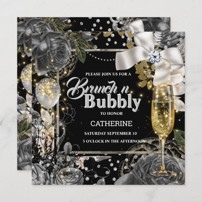 Black white silver rose shabby chic glitter bow invitation (Front/Back)