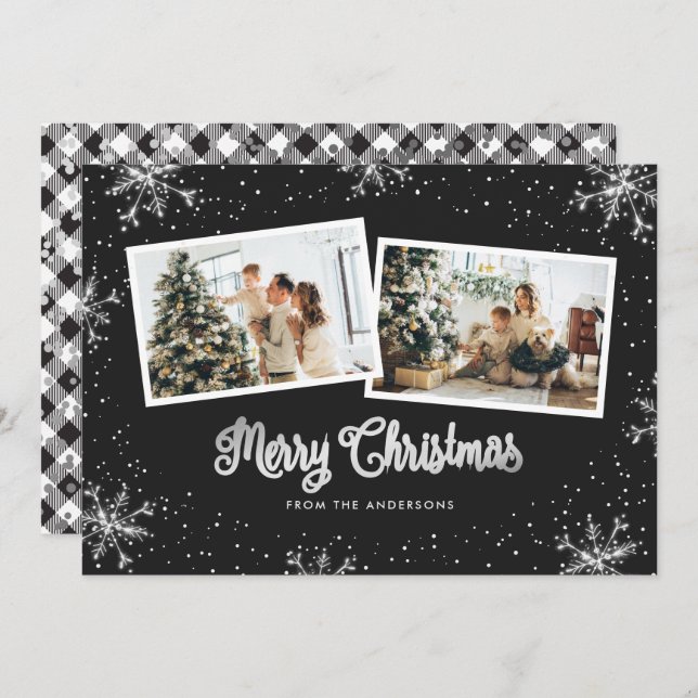 Black White Silver Snowflake Photo Christmas Card (Front/Back)