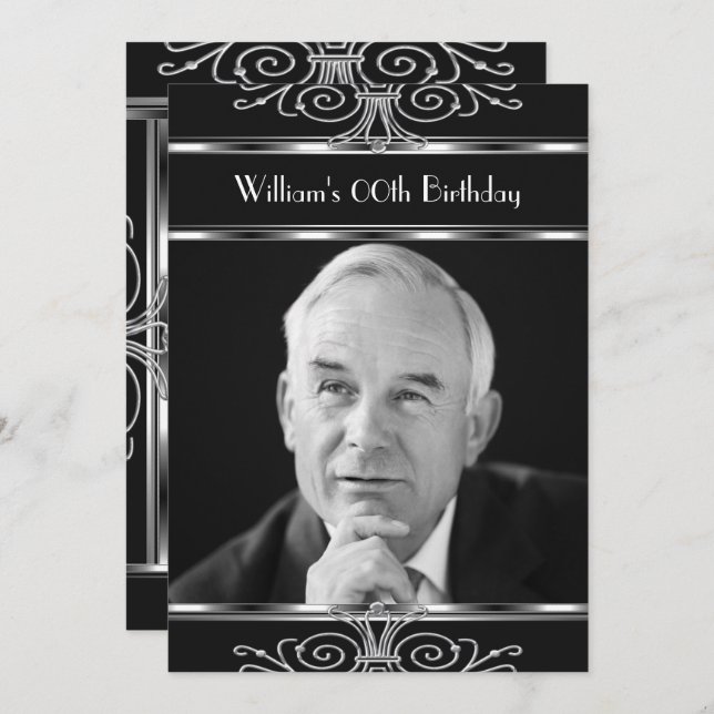 Black White Silver Vintage Deco Birthday Party Invitation (Front/Back)