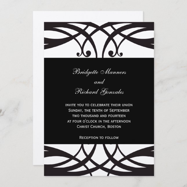 Black White Silver Wedding Invitations Art Deco (Front/Back)
