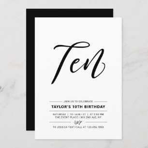 Black & White Simple 10th Teen Birthday Party Invi Invitation