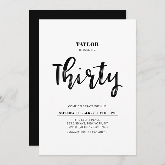 Black & White Simple 30th Birthday Party Invitation (Front/Back)