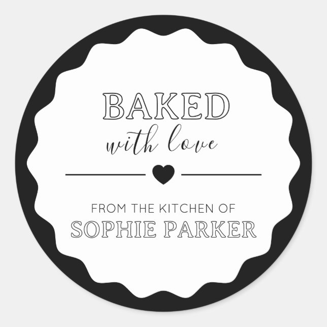 Black White Simple Baked With Love Scallop Sticker (Front)