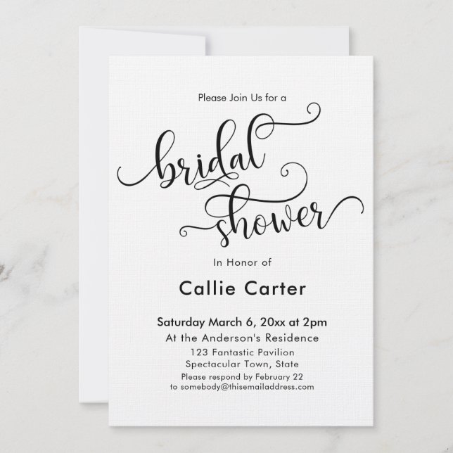 Black White Simple Bridal Shower Script Typography Invitation (Front)